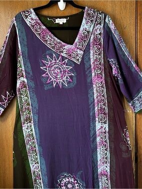 Novica handmade batik rayon maxi dress from Bali, asymmetrical v-neck design, Lg